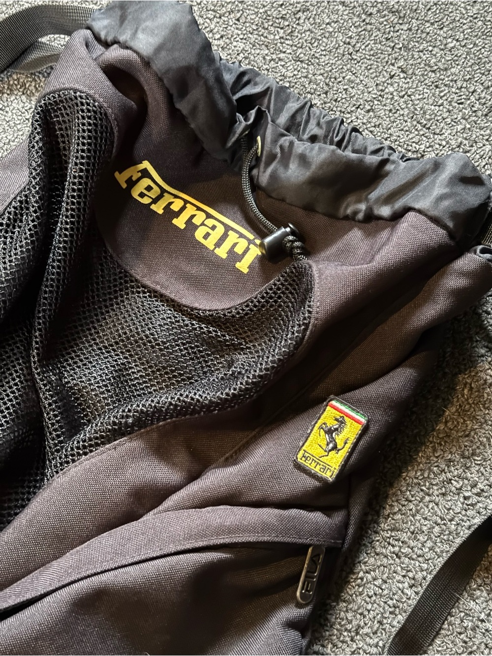 Vintage Ferrari FILA Black Drawstring Backpack with Yellow Logo